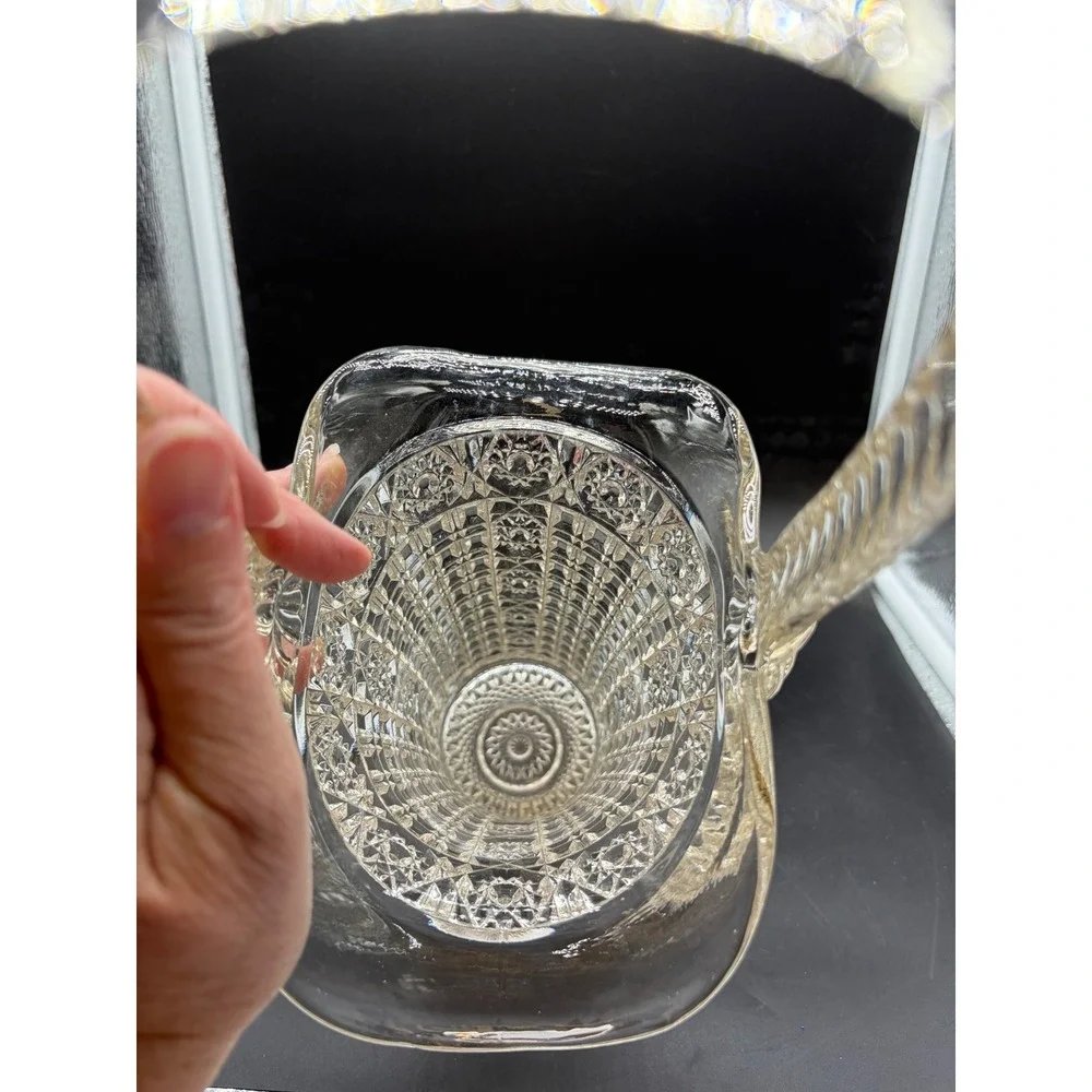 Vintage Clear Pressed Glass Basket Twisted Handle Diamond Starburst 13.5in